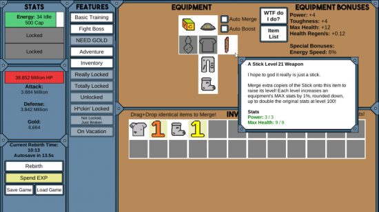 I migliori giochi di clicker: un'immagine di NGU IDLE mostra la schermata dell'attrezzatura e la descrizione di un bastone