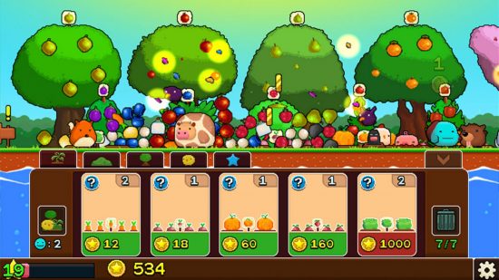 I migliori giochi di clicker: plantera. Uno screenshot mostra quattro alberi raccolti