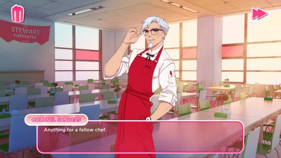 Sim hẹn hò tốt nhất: Một Đại tá Sandel trẻ, kiểu anime đứng trong một nhà bếp ở Trường Chef trong Hẹn hò Sim I Love You, Đại tá Sanders