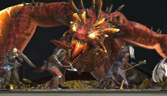 Best dragon games: Raid: Shadow Legends. Image shows a party of champions doing battle with a giant dragon.
