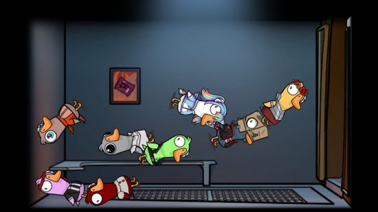 Best free Steam games - Goose, Goose, Duck: A team of multi-coloured geese and ducks float around in the lobby before a match.