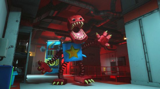Best free Steam games - Project Playtime: An giant, evil red and blue toy with springs for arms and legs bears its sharp teeth.