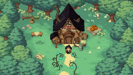 ベストライフゲーム - 森の中のリトルウィッチ：エリー魔女は、緑の森に囲まれた小さな木製の家の前に立っています