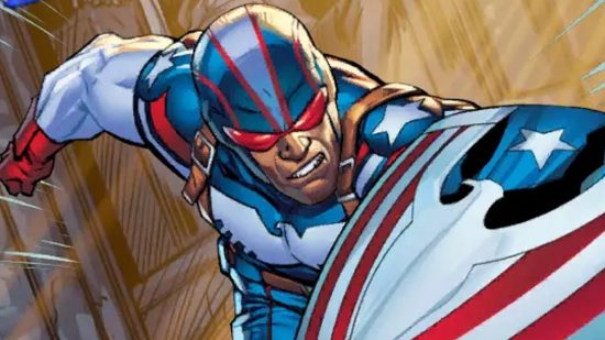 Best Marvel Snap Patriot deck: The Patriot card art base card zoomed in on Patriot's face and shield
