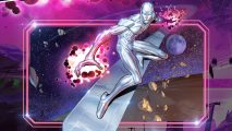 Best Marvel Snap Silver Surfer deck: Silver Surfer promo art showing him riding his silver wave with energised hands