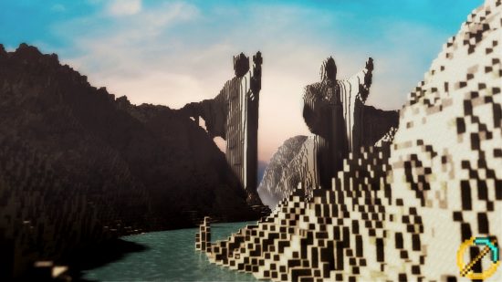 Best Minecraft servers: Two guarding statues mark the former border of Gondor, built entirely from Minecraft blocks, in the Middle Earth server.