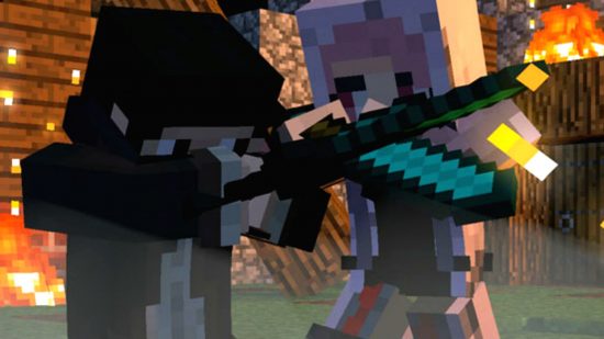 Best Minecraft servers: two people clashing swords while a village is on fire in Minewind.