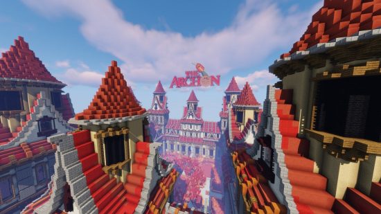 Лучшие серверы Minecraft: возвышающиеся красные здания на фоне голубого неба в The Archon.
