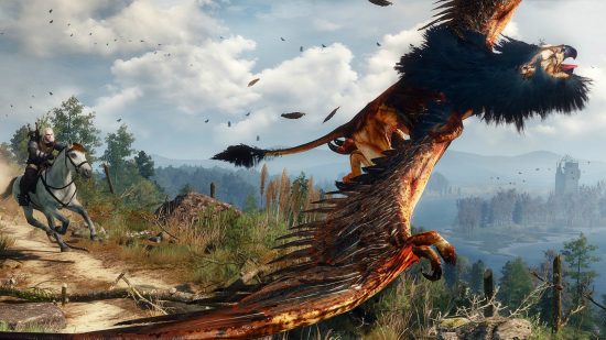 Beste pc -games - The Witcher 3: Geralt Roing Roach en Fighting a Griffin