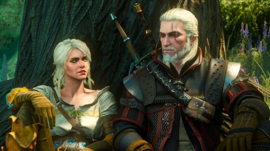 Best story games - Geralt is talking with Ciri next to a tree.