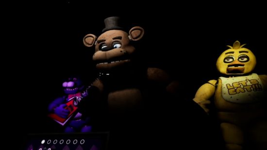 Freddy, Chica og Bonnie på scenen om fem nætter på Freddy