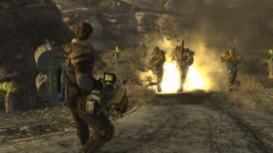 A man wields a big gun against bandits in western game Fallout: New Vegas