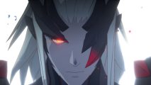 An anime man with white long hair and a glowing red eye glares into the camera