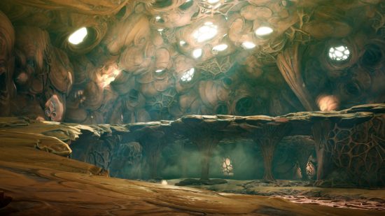 Gameplay, raiduri și temnițe de protocol albastru: o locație subterană neutră scăldată în raze de lumină care strălucesc printr -o serie de găuri