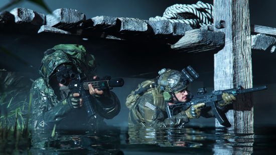 Games we'll play when we're old: Two soldiers hide in the water under a dock, they are equipped with night-vision goggles, suppressed rifles, and green camo
