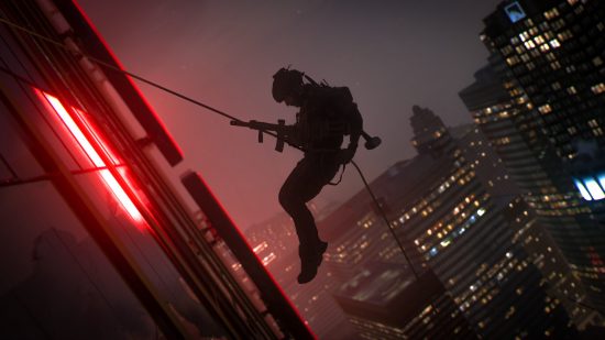 Games like Red Dead 2 struggle to tell stories – Die Hard proves why. A soldier in tactical gear abseils down the side of a building in Call of Duty Modern Warfare 2