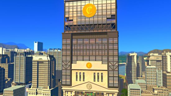 : a tall building in front of a clear blue sky and cityscape, and the building has lots of windows and a giant gold coin on the front of it