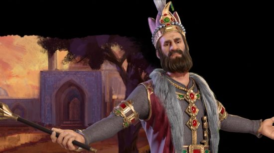 Civilization 6 Leader Pass DLC: Nader Shah, wearing a crown and holding a sceptre, spreads his arms defiantly