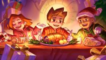 Core Keeper update bringing some free Christmas cheer to crafting game: a group of three sit in front of a fire at a dinner table, sharing a large roast, vegetables, and celebrating the holidays