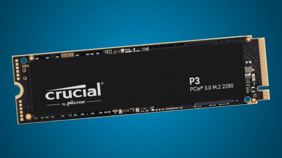 A Crucial P3 SSD against a two tone blue background