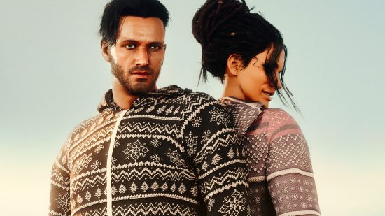 Cyberpunk 2077 mod: A male V and Panam Palmer stand back to back in the desert sun wearing knit onesies with Nordic patterns