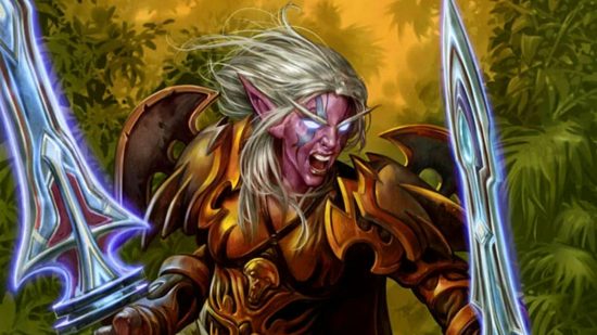 David Harbour is playing WoW Dragonflight on Twitch, yes, really: An elf with purple skin and glowing blue eyes screams in anger slashing two swords wearing golden armour