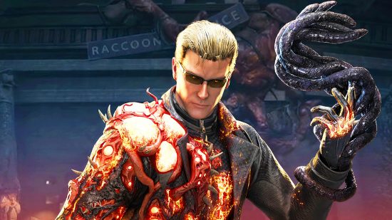 Dead by Daylight dirt cheap on Steam and Epic Games Store right now. A man in a trenchcoat and sunglasses, Wesker from Dead by Daylight, is covered in pustules and has a tentacle coming out of his arm