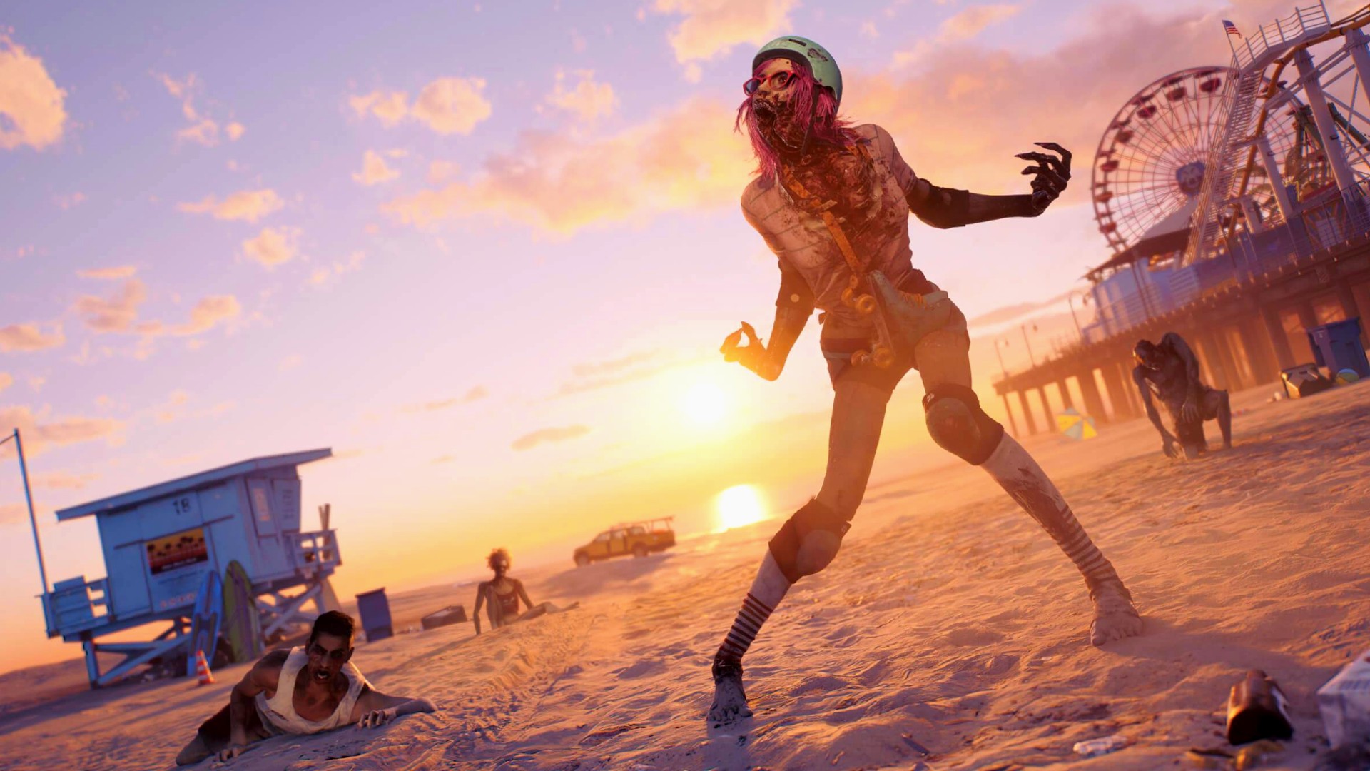 Dead Island 2: A cute young zombie in roller skates and a skating helmet staggers across the Californian beach at sunset