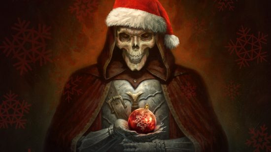 Diablo 2 Resurrected holiday event: A grinning skeleton in armour and a cloak and Santa's hat holds a red ornament like it's a beating heart