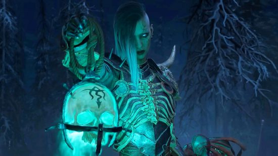 Diablo 4 classes are series favourites, but new ones may follow: A woman with a half shaved head wearing bone armour holds up an ominous green lantern made of a skull