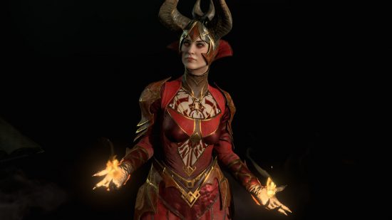 Diablo 4 collector's edition looks stunning, but there's a huge catch: A woman in a red gown wearing a golden helmet with horns stands on a black background creating fireballs in her hands looking off to the left