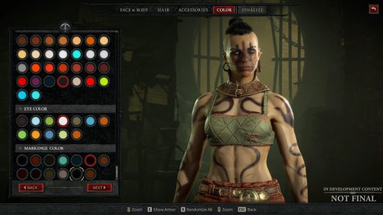 Diablo 4 gameplay preview: A woman with tattoos, facial markings, a mohwak and piercings stands in a character creator menu