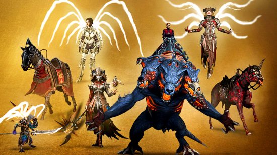 Diablo 4 pre-order items - a showcase including several horse-like mounts, glowing white wings, and a wolf-like mount for World of Warcraft