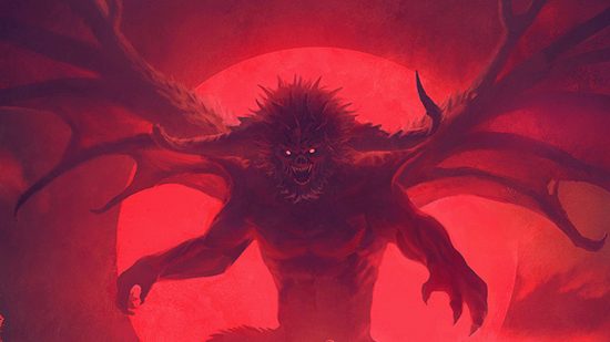 Diablo Immortal update adds new Stormpoint zone, bosses, gems: A huge black demon with glowing red eyes and bat wings stands in front of a blood moon roaring