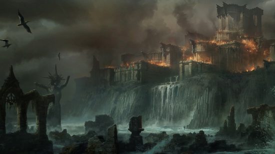 A huge prison on fire sits on a waterfall surrounded by ruins