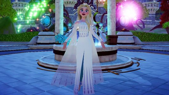 Disney Dreamlight Valley character roster may be increasing soon: Elsa from Frozen stands in front of a well as fireworks go off behind her