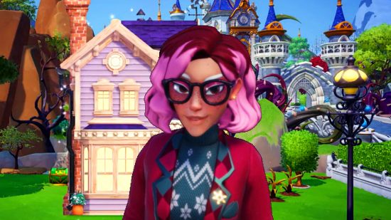 Disney Dreamlight Valley - a lady with pink hair in a Christmas suit stands in front of a purple-coloured house