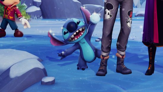 Disney Dreamlight Valley Stitch teaser hints at crash landing soon: A blue alien creature that looks like a dog with large ears called Stitch hides behind a woman's leg holding a snowball and grinning