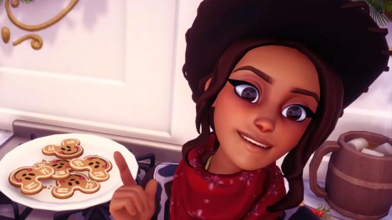 Disney Dreamlight Valley update gifts free loot from Christmas onwards: a girl in a cowboy hat takes a selfie while pointing at a plate of Mickey Mouse shaped christmas cookies