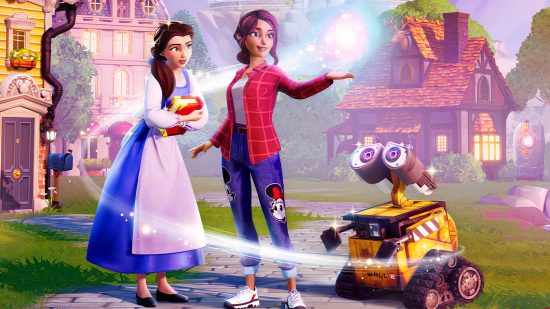 Disney Dreamlight Valley update brings Steam Deck perfection. Wall-E, Belle, and other Disney characters congregate in an idyllic town square in the Disney life game