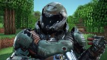 Doom mod transforms the FPS into merciless Minecraft. This image shows the Doom Slayer in front of a Minecraft background.