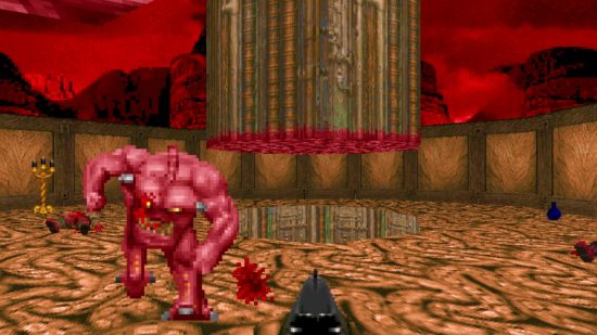 Doom maker John Romero builds a new episode for the FPS game on Twitch. Doomguy shoots a Pinky demon with a shotgun in id Software's classic shooter Doom