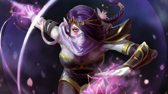 Dota 2 hacks are over a year old and Valve hasn't banned them: An elf woman with pale skin and purple hair tied back into a ponytail wearing a silky lavender coloured mask and red eyeshadow runs at the camera with knives in both hands sparking with magic