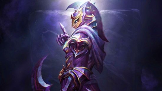 Dota 2 patch fixes a slew of bugs, but adds one more: A warrior wearing a pointed gladiator helmet stands in darkness with his finger to his lips looking to the side into the camera