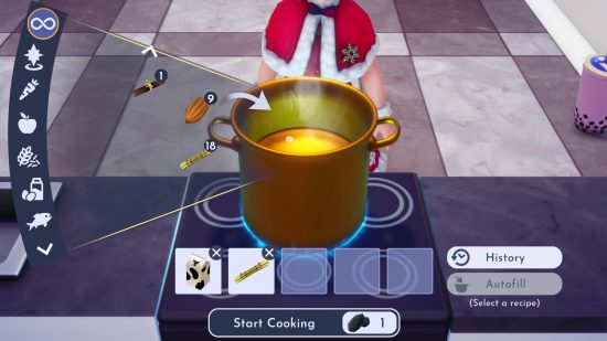 Dreamlight Valley boba tea recipe and ingredients: Milk and sugarcane added to a stove pot in the in-game cooking UI