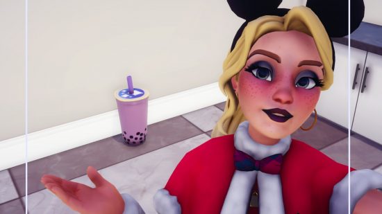 How to make Disney Dreamlight Valley raspberry boba tea recipe and ingredients: Player characters wears a Christmas outfit and poses for a selfie with a raspberry bubble tea