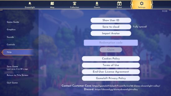 How to redeem Disney Dreamlight Valley codes screenshot of the settings help menu