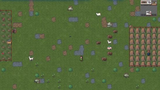 Dwarf Fortress bug: A farmer dwarf stands outside with a herd of various animals including a pig, several yak, a llama, and a sheep