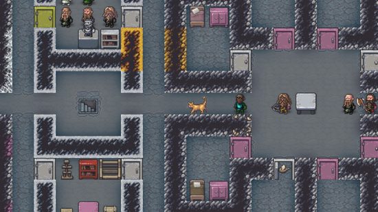 Dwarf Fortress mod makes cats milkable: A cat standing in a stone hallway, with several dwarves approaching from behind