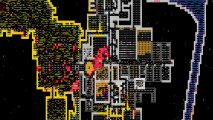 Dwarf Fortress update removes graphics: A top-down map of a dwarven fortress rendered in ASCII symbols, with red blood covering much of the floor in the entryway